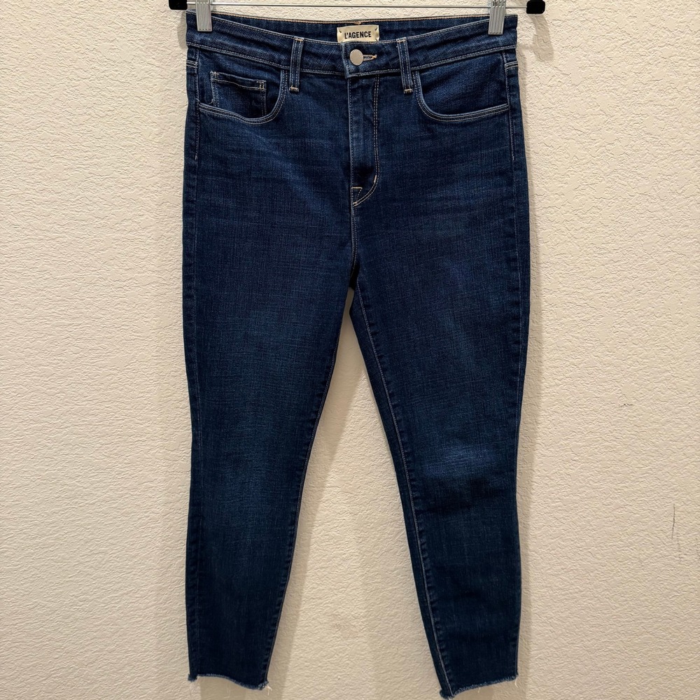 L'AGENCE High Rise Skinny Jeans Dark Indigo Raw Hem Size 27
